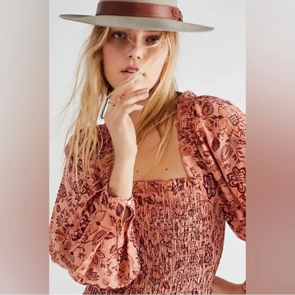 FREE PEOPLE Smock It To Me Mini Dress in Apricot Combo - S